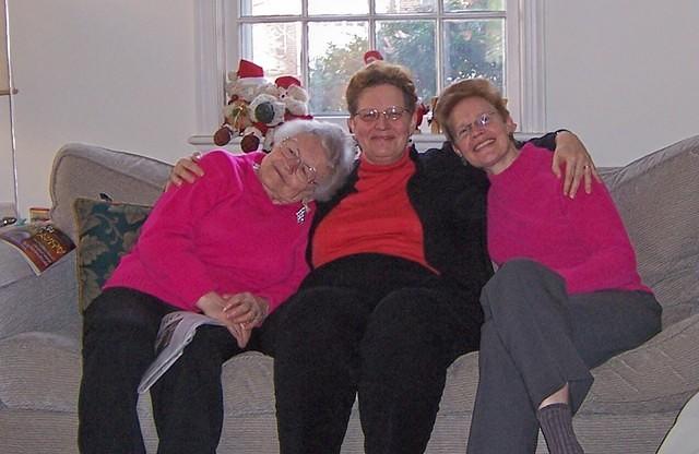 pink and red on couch